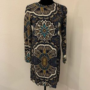 Mosaic long sleeve shift dress with back slit